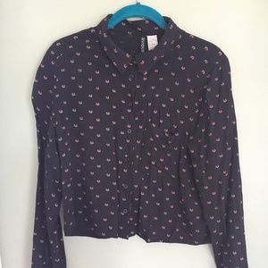 Navy Cropped Button Up With Foxes